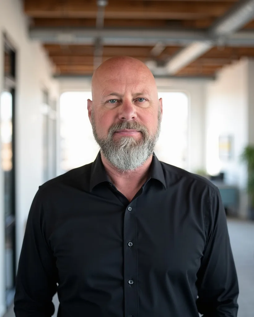 Joe Cook in a black shirt in an open office with wood beams